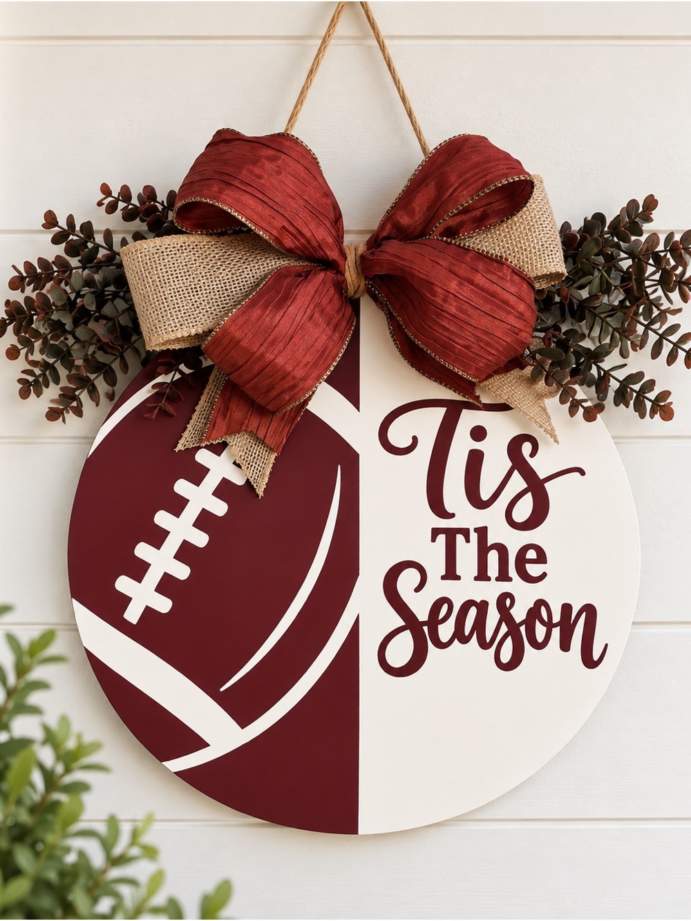 'Tis The Season Football Door Hanger - Burgundy & White Holiday Home Accent